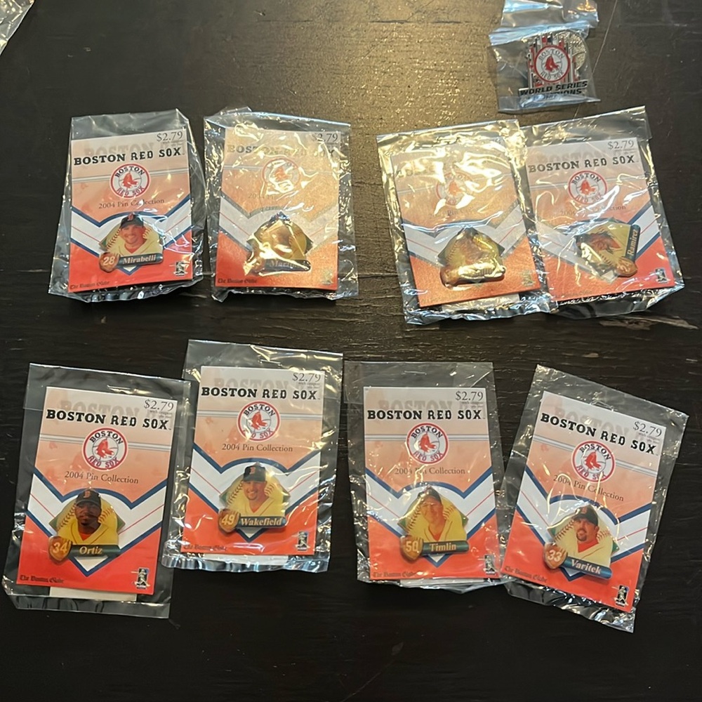 2004 Boston Red Sox collector pins from the Boston Globe. World Series Champs.